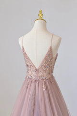 Formal Dresses Shop, Pink Tulle Long A-Line Prom Dress, Pink Spaghetti Formal Dress with Beaded