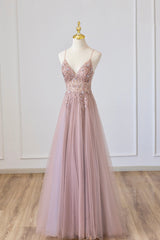 Formal Dresses Shops, Pink Tulle Long A-Line Prom Dress, Pink Spaghetti Formal Dress with Beaded