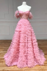Dress Outfit, Pink Tulle Long A-Line Prom Dress, Pink Sweetheart Neckline Evening Gown