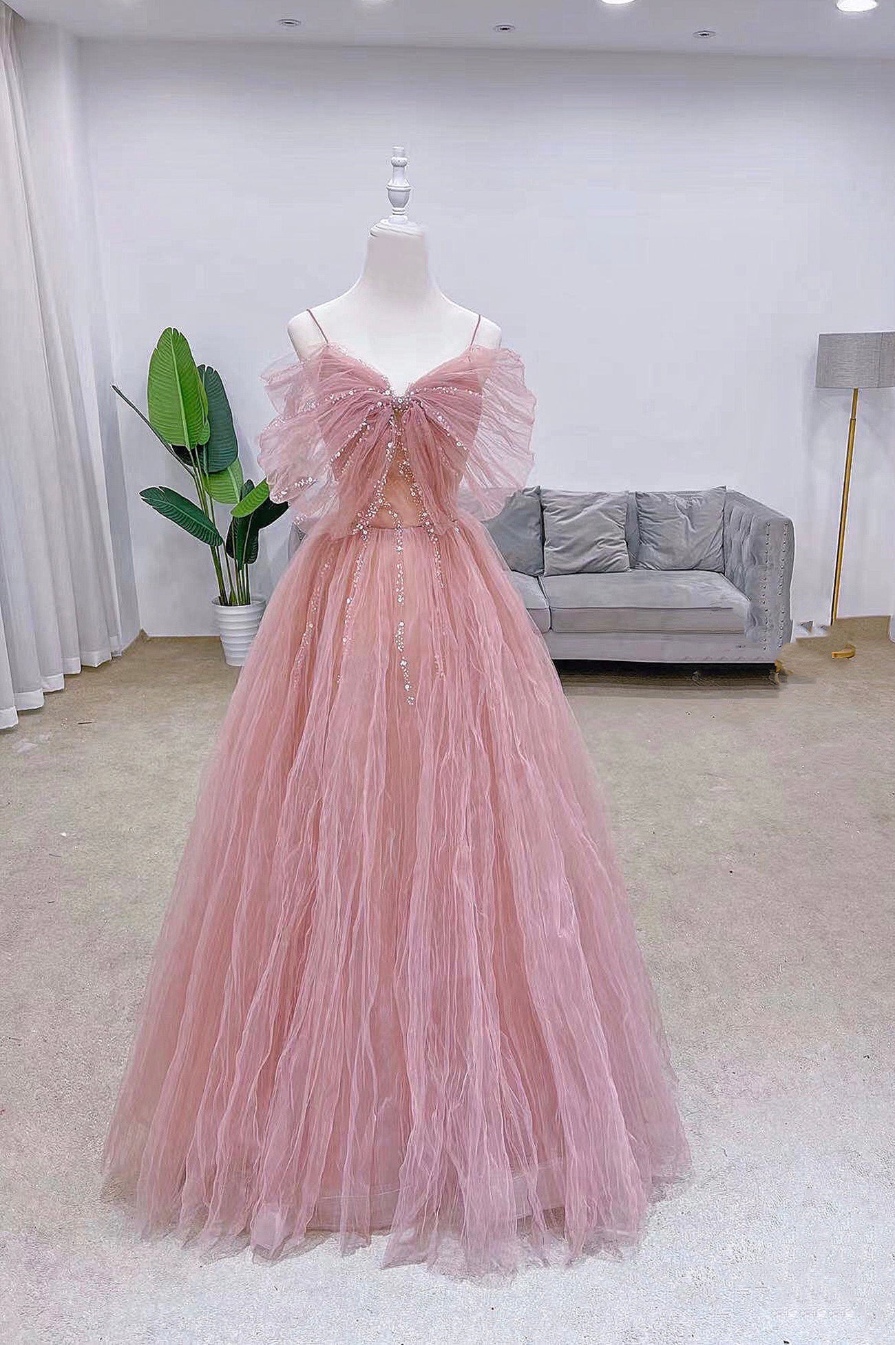 Bridesmaid Dresses Beach, Pink Tulle Long A-Line Prom Dress with Bow, Pink Evening Graduation Dress