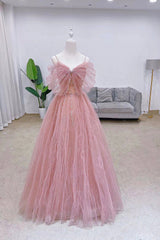 Bridesmaid Dresses Beach, Pink Tulle Long A-Line Prom Dress with Bow, Pink Evening Graduation Dress