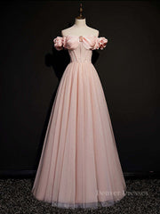 Prom Dresses Casual, Pink tulle off shoulder long prom dress, pink tulle formal dress