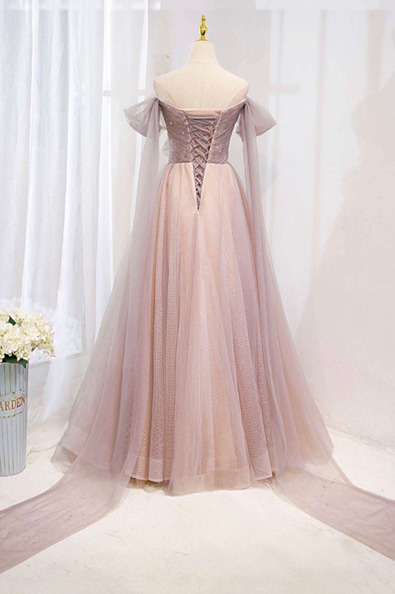 Bridesmaid Dresses With Sleeve, Pink Tulle Off the Shoulder Prom Dress with Beaded, A-Line Formal Evening Dress