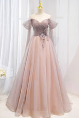 Bridesmaides Dresses Short, Pink Tulle Off the Shoulder Prom Dress with Beaded, A-Line Formal Evening Dress