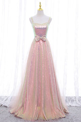 Prom Dress Ideas, Pink Tulle Sequins Long Prom Dress, Cute Short Sleeve Evening Dress