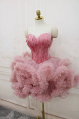 Reception Dress, Pink Tulle Short Prom Dress with Feather, Chic Pink Strapless Party Dress