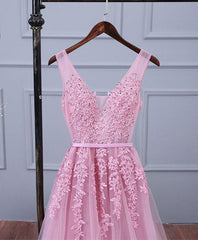 Prom Dresses Tulle, Pink V Neck Lace Tulle Long Prom Dress, Lace Evening Dresses