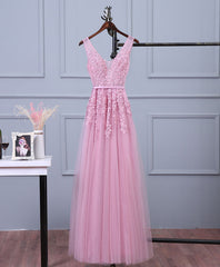 Prom Dress Blue, Pink V Neck Lace Tulle Long Prom Dress, Lace Evening Dresses