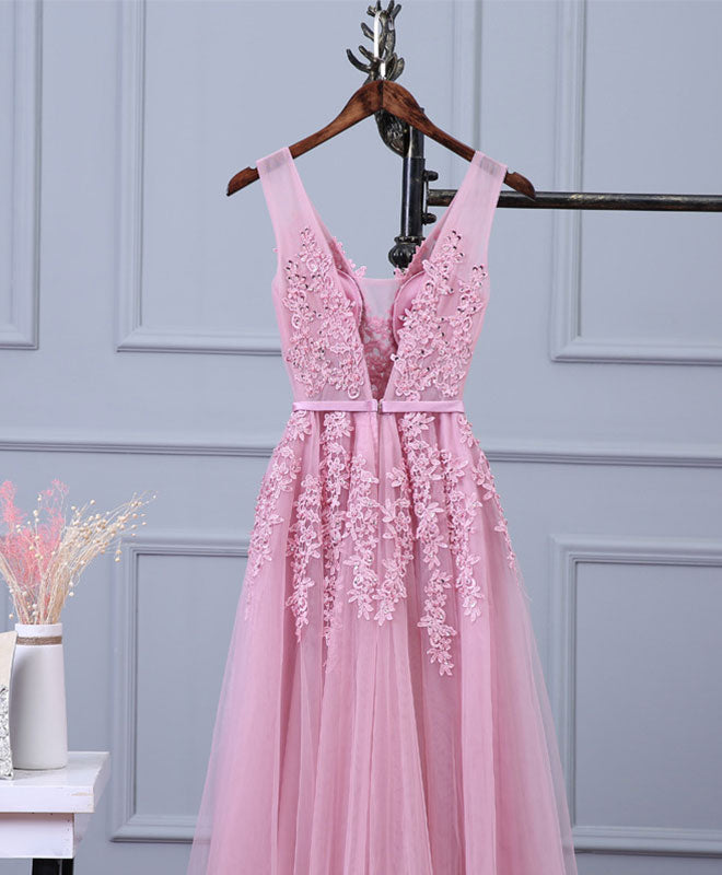 Prom Dresses Blues, Pink V Neck Lace Tulle Long Prom Dress, Lace Evening Dresses