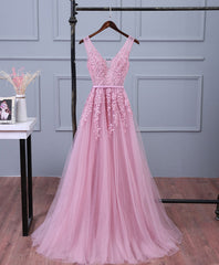 Prom Dress Tulle, Pink V Neck Lace Tulle Long Prom Dress, Lace Evening Dresses