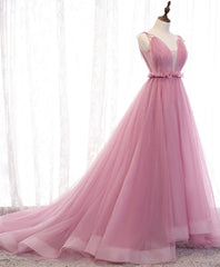 Prom Dresses Modest, Pink V Neck Long Prom Dress, Aline Pink Formal Evening Dresses