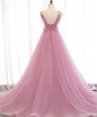 Prom Dresses Curvy, Pink V Neck Long Prom Dress, Aline Pink Formal Evening Dresses