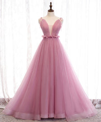 Prom Dresses 2024 Blue, Pink V Neck Long Prom Dress, Aline Pink Formal Evening Dresses