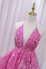Party Dresses Formal, Pink V-Neck Sequins Short Prom Dress, Pink A-Line Backless Party Dress