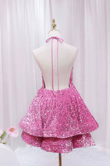 Party Dress Formal, Pink V-Neck Sequins Short Prom Dress, Pink A-Line Backless Party Dress