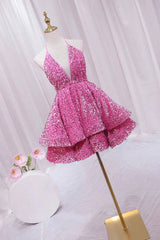 Party Dress Shops Near Me, Pink V-Neck Sequins Short Prom Dress, Pink A-Line Backless Party Dress