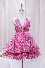 Party Dress On Sale, Pink V-Neck Sequins Short Prom Dress, Pink A-Line Backless Party Dress