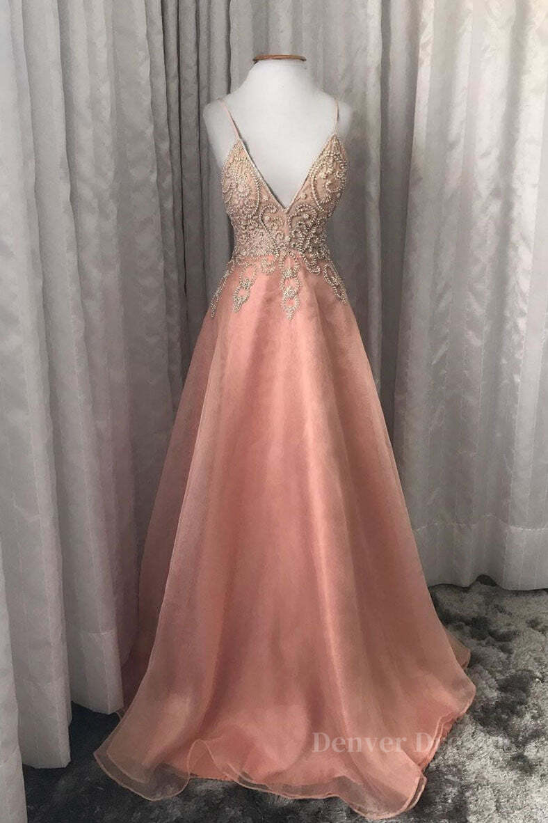 Bridesmaid Dress Shop, Pink v neck tulle beads long prom dress pink evening dress