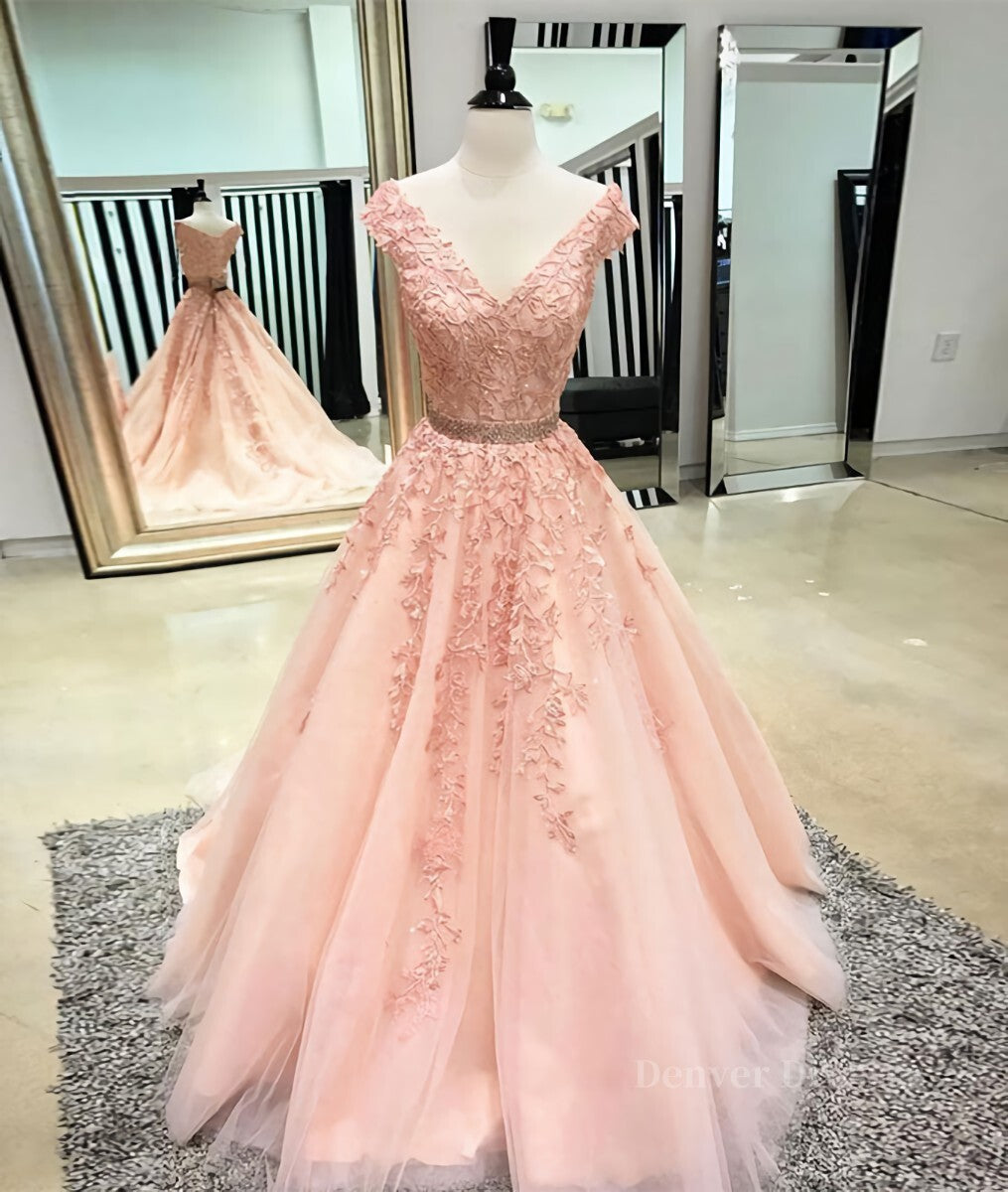 Prom Dresses Sale, Pink v neck tulle lace applique long prom dress, pink tulle evening dress