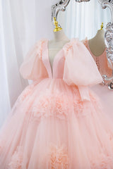 Prom Dresses Long Mermaid, Pink V-Neck Tulle Long Prom Dress, A-Line Puff Sleeve Princess Dress