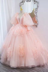Prom Dress Purple, Pink V-Neck Tulle Long Prom Dress, A-Line Puff Sleeve Princess Dress