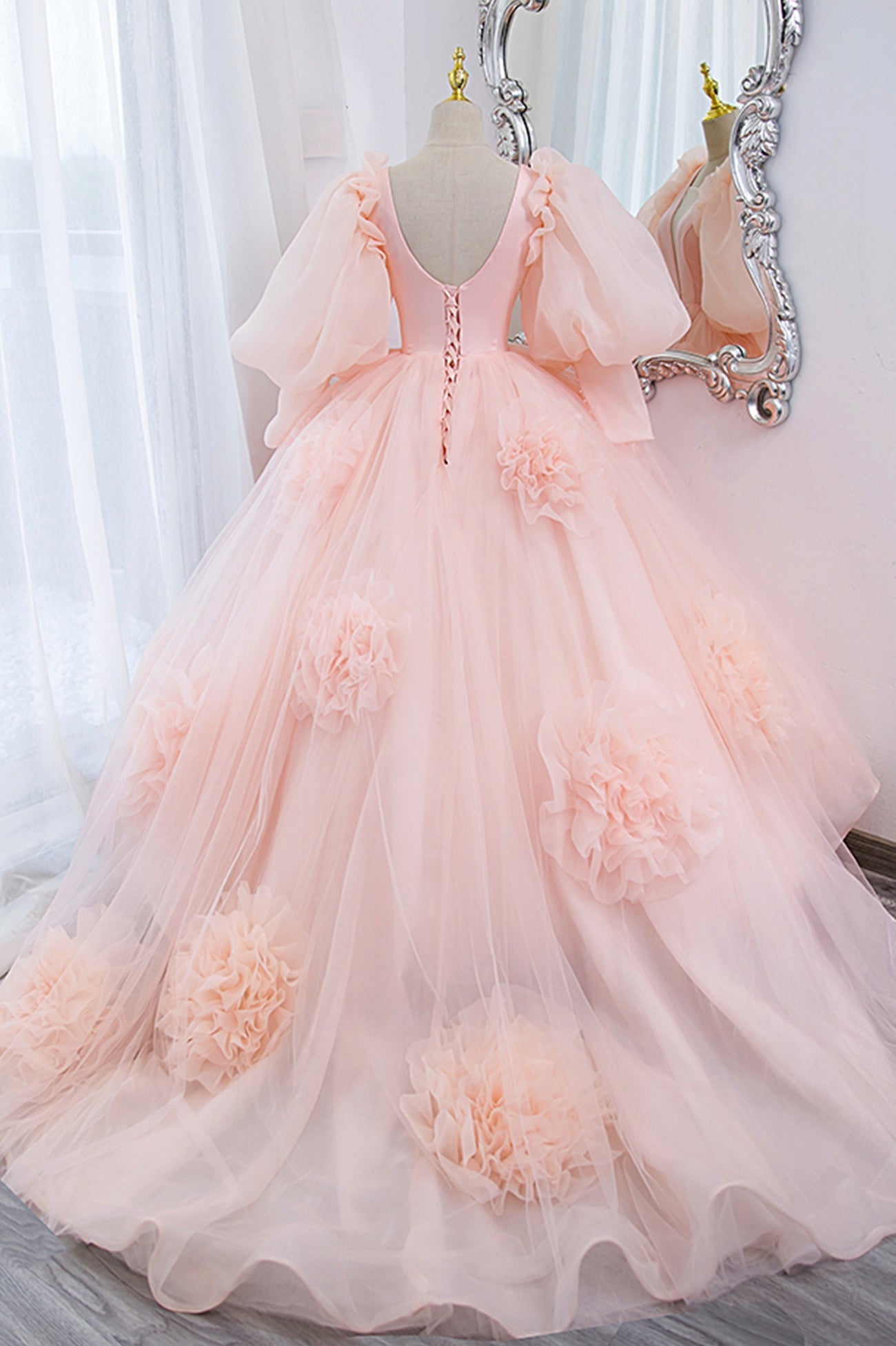 Prom Dresses For Curvy Figure, Pink V-Neck Tulle Long Prom Dress, A-Line Puff Sleeve Princess Dress