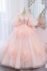 Prom Dresses Long Mermaide, Pink V-Neck Tulle Long Prom Dress, A-Line Puff Sleeve Princess Dress