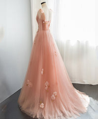 Wedding Aesthetic, Pink V Neck Tulle Long Prom Dress, Tulle Pink Evening Dress