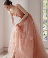 Sage Green Wedding, Pink V Neck Tulle Long Prom Dress, Tulle Pink Evening Dress