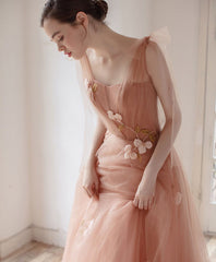 Short Wedding Dress, Pink V Neck Tulle Long Prom Dress, Tulle Pink Evening Dress