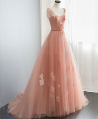 Champagne Bridesmaid Dress, Pink V Neck Tulle Long Prom Dress, Tulle Pink Evening Dress