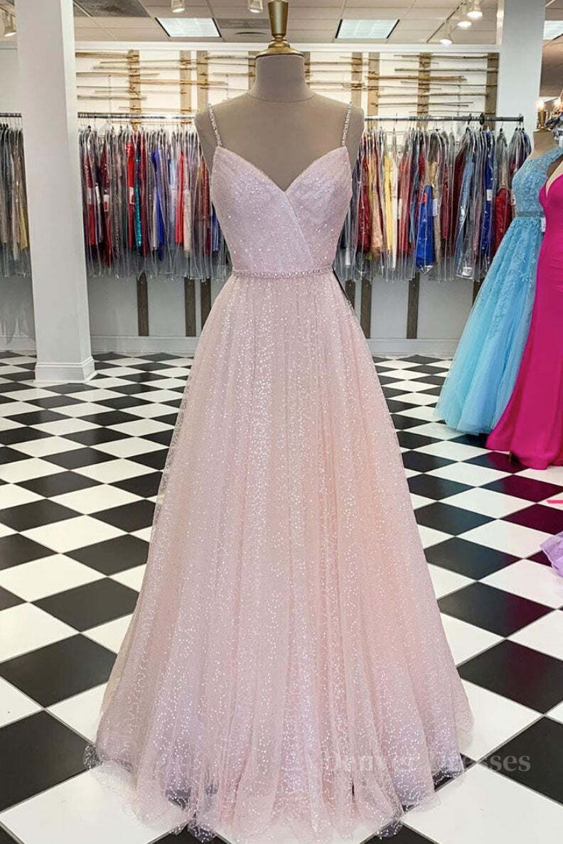 Formal Dress Gowns, Pink v neck tulle sequin long prom dress pink tulle formal dress