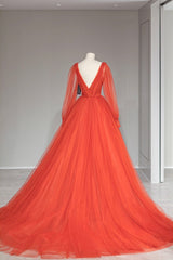 Prom Dresses With Slit, Plunging V-Neck Tulle Floor Length Formal Dress, Orange Long Sleeve Prom Dress