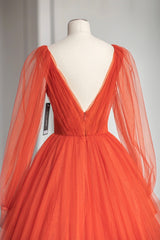 Prom Dresses Black, Plunging V-Neck Tulle Floor Length Formal Dress, Orange Long Sleeve Prom Dress