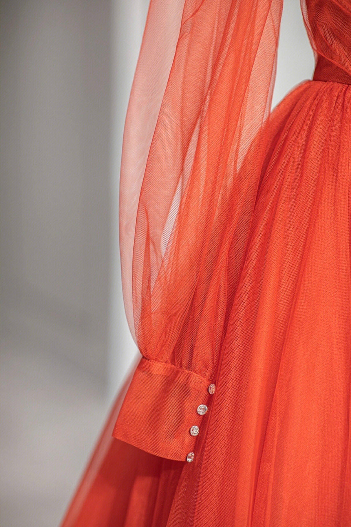 Prom Dresses Graduacion, Plunging V-Neck Tulle Floor Length Formal Dress, Orange Long Sleeve Prom Dress