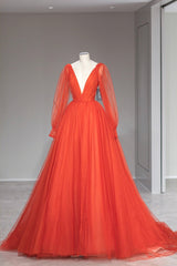 Prom Dress With Slit, Plunging V-Neck Tulle Floor Length Formal Dress, Orange Long Sleeve Prom Dress