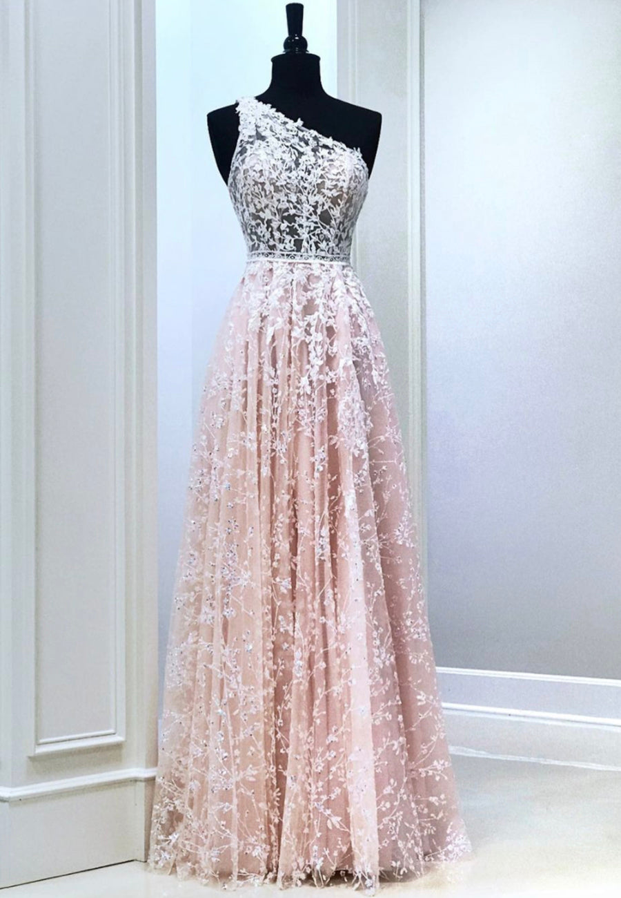 Bridesmaids Dress Floral, Pink Lace Long Prom Dresses, One Shoulder Evening Party Dresses