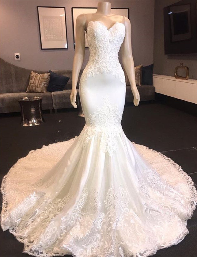 Wedding Dress Cost, Princess White Sweetheart Mermaid Court Train Wedding Dresses