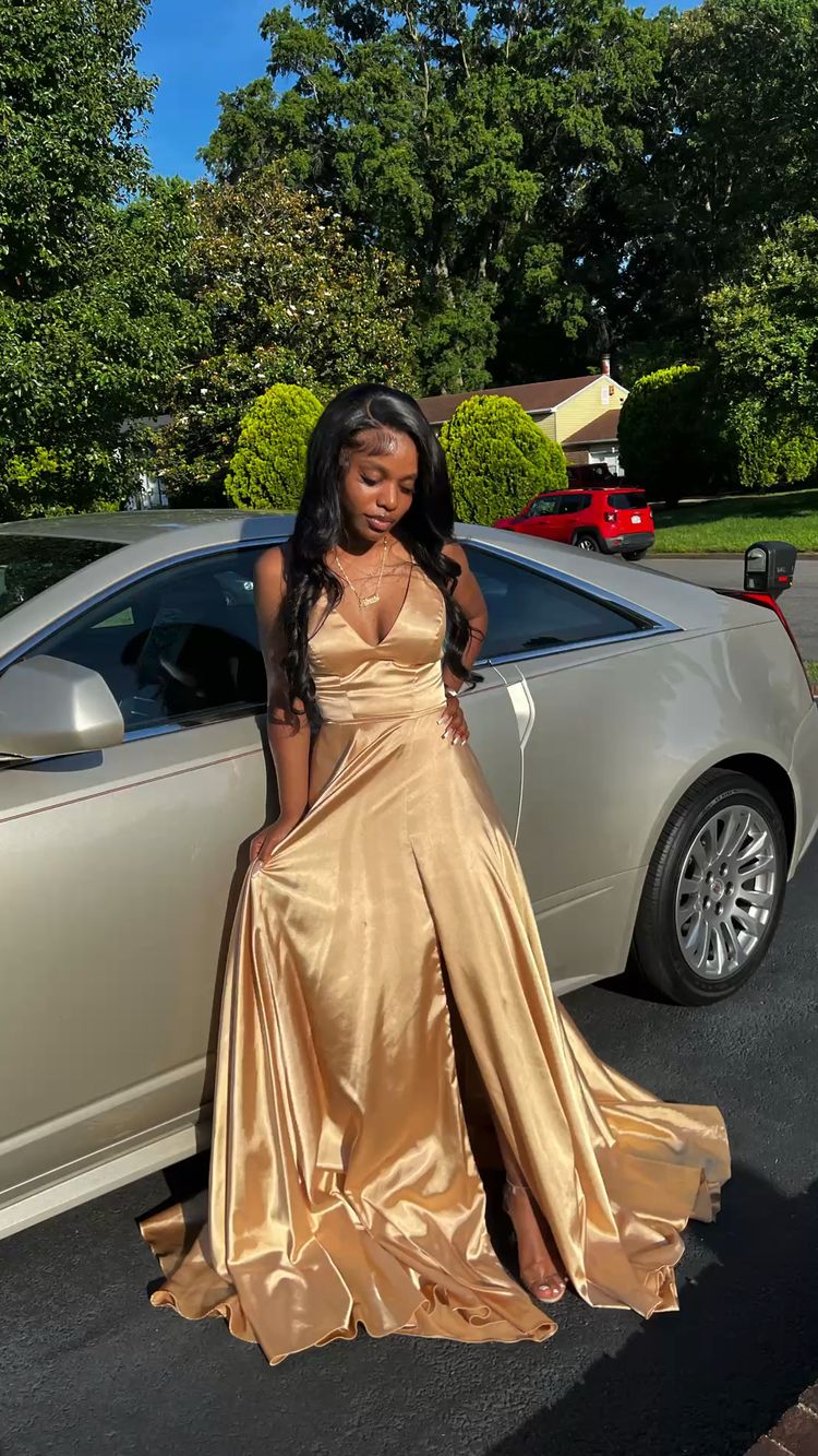 A Line V Neck Gold Prom Dresses, Sleeveless Satin Long Prom Dress