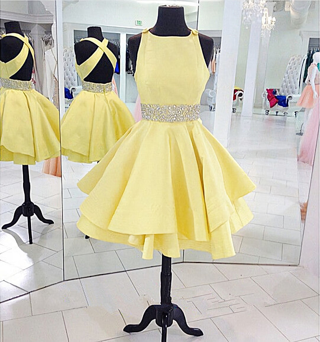 Evening Dresses For Wedding, Yellow es Cross Back Short Cute Beading Prom Dresses