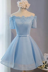 Evening Dress Sale, A Line Off Shoulder Short Light Blue Prom Dresses