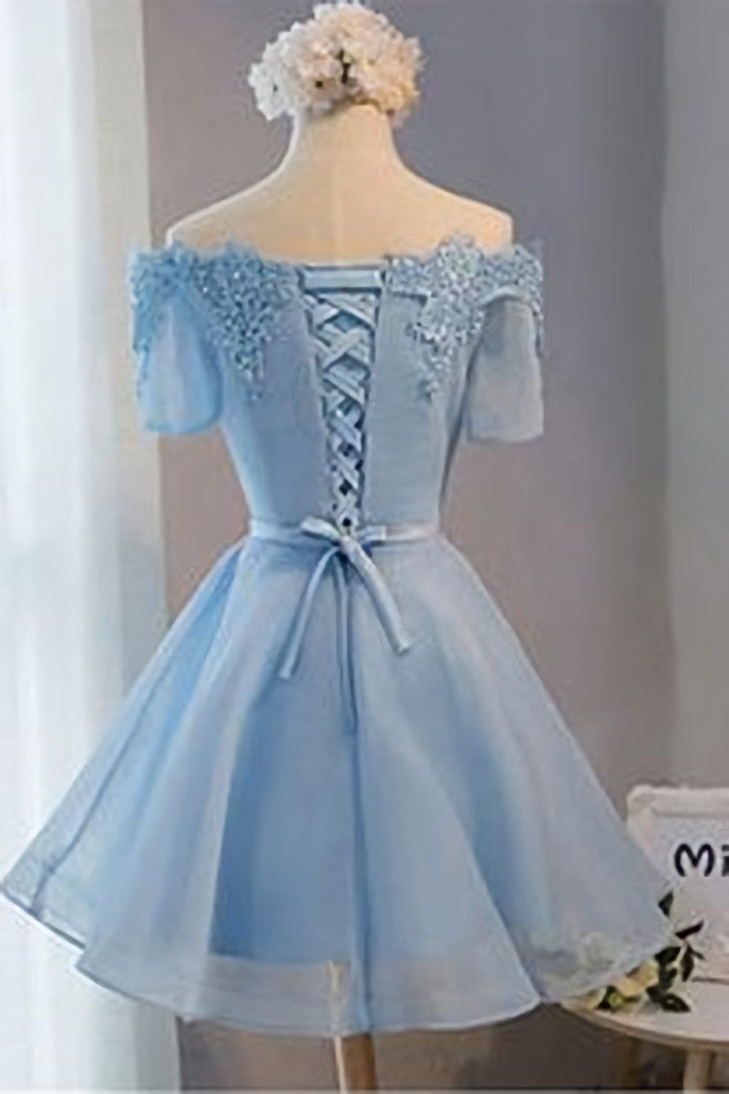 Evening Dress For Sale, A Line Off Shoulder Short Light Blue Prom Dresses