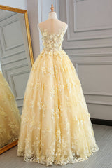 Evening Dresses Elegant, Yellow Lace Customize Long A Line Senior Halter Prom Dresses