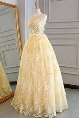 Evening Dresses For Weddings, Yellow Lace Customize Long A Line Senior Halter Prom Dresses