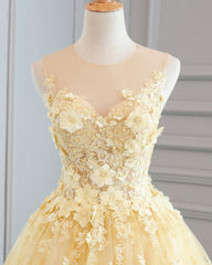 Evening Dresses Wholesale, Yellow Lace Customize Long A Line Senior Halter Prom Dresses