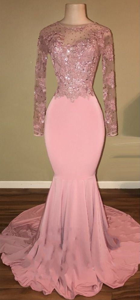 Bridesmaids Dresses Cheap, Shiny Pink Backless Beaded Long Sleeves Mermaid Prom Dresses_Sexy Pink Prom Gowns