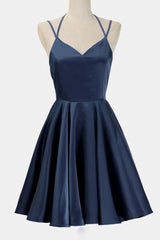 Formal Dress Long Gown, A Line Dark Blue Satin V Neck Short Sleeveless Backless Prom Dresses