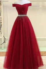 Prom Dresses Long Elegant, A Line Burgundy Off The Shoulder Lace Up Tulle Sweetheart Long Prom Dresses