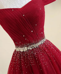 Prom Dress Long Elegent, A Line Burgundy Off The Shoulder Lace Up Tulle Sweetheart Long Prom Dresses