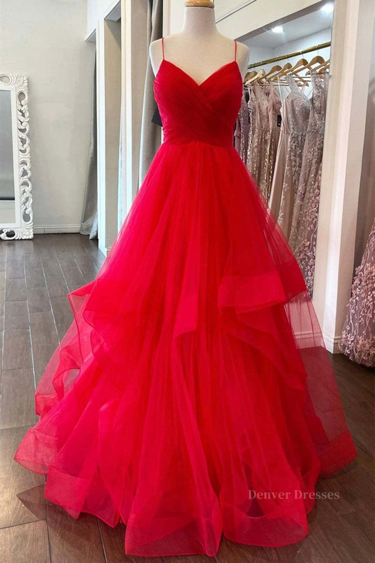Bridesmaids Dresses Styles, Puffy Red Tulle V Neck Long Prom Dresses, V Neck Red Formal Dresses, Red Evening Dresses